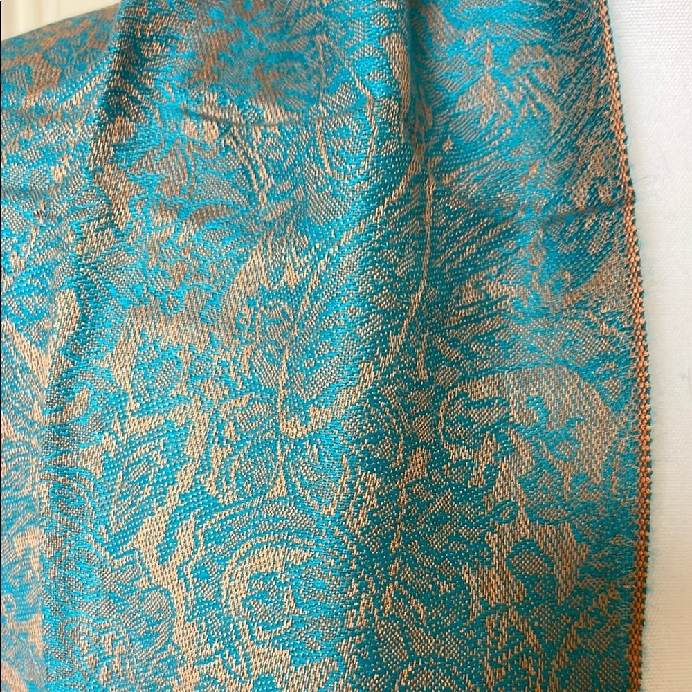 NWOT Teal and Tangerine Orange Silk Pashmina Shawl - Picture 5 of 7